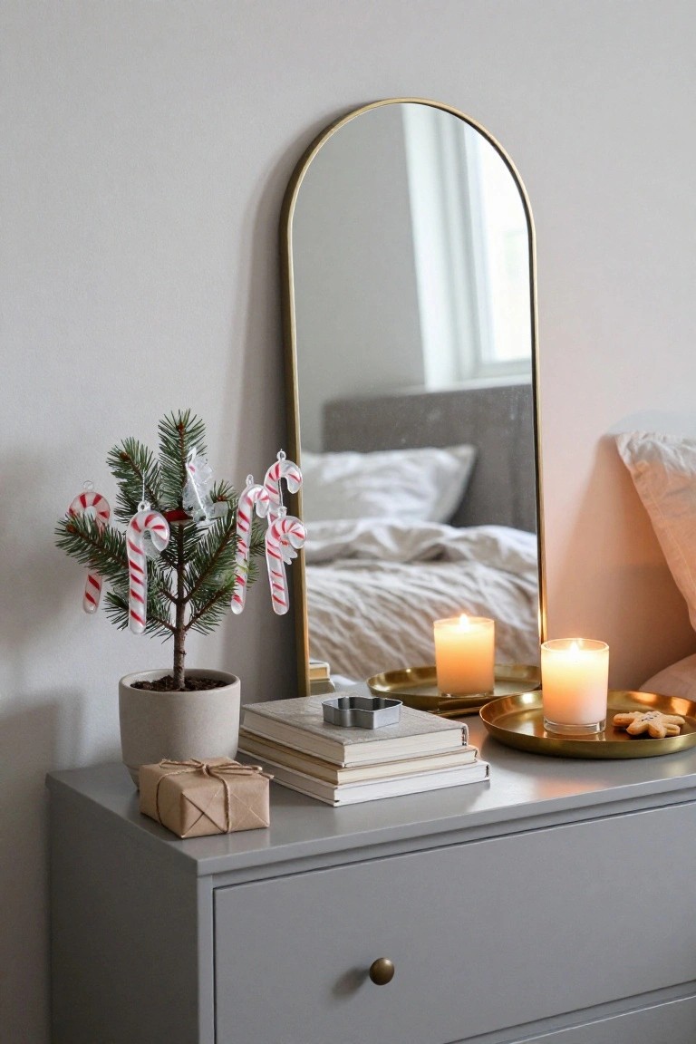 A small potted fir tree decorated with hanging red and white candy cane ornaments sits on a light gray dresser next to a tall gold arched mirror, with stacked books, a wrapped gift box, candles on a gold tray holding cookies and a gingerbread cutter.