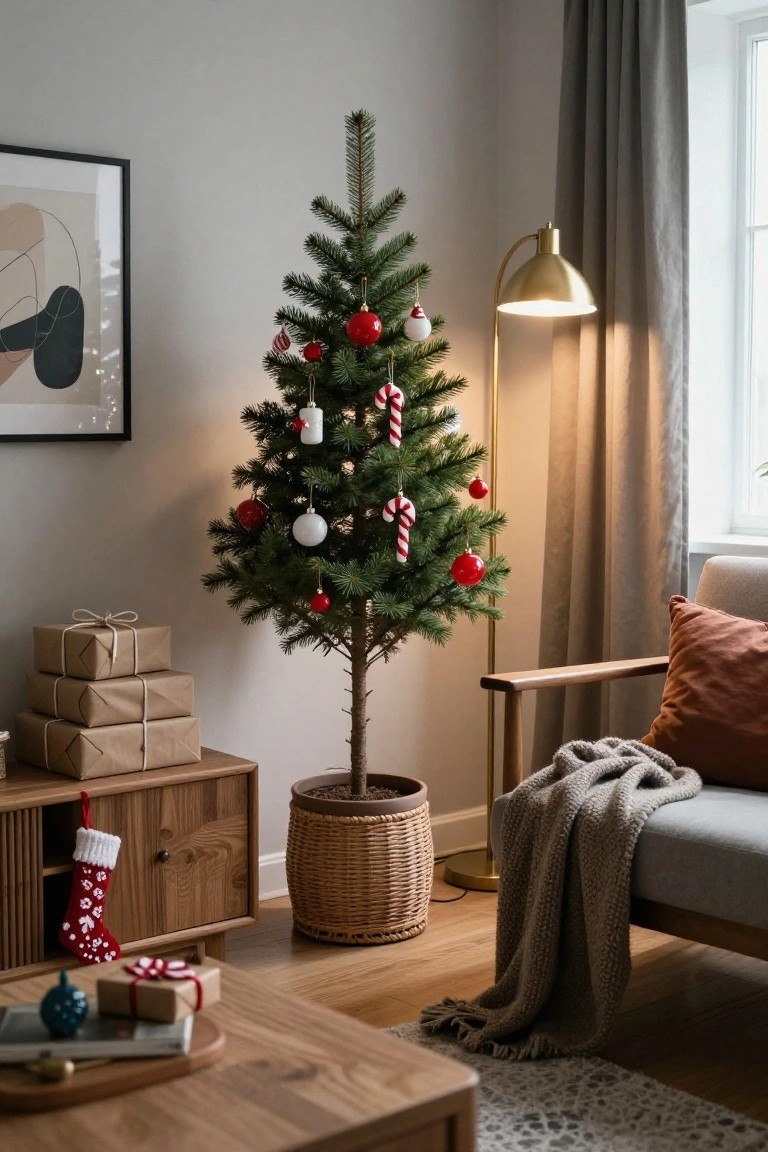Small potted Christmas tree decorated with red baubles, white ornaments, and candy cane decorations in a modern living room with wooden furniture, stacked gifts, and a nearby chair.