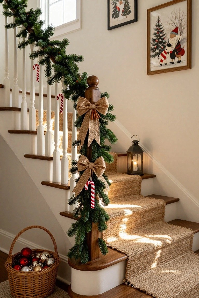 Wooden staircase with white railings wrapped in green garland, red and white candy canes, and burlap bows, plus a seagrass runner on the steps, a lantern on the landing, framed artwork on the wall, and a basket of red and gold ornaments at the base.
