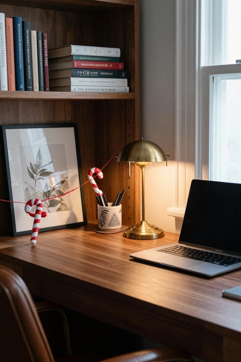 Wooden desk with open MacBook laptop, brass desk lamp, white ceramic mug holding black pens, and paired red-and-white candy canes strung around a black-framed artwork of leaves, beside wooden bookshelves filled with books in a light-filled room.