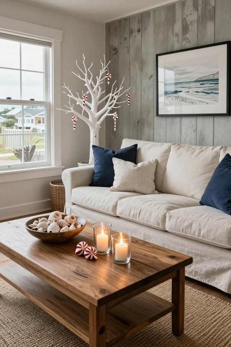 Living room corner with tall white branch tree decorated with red and white candy cane ornaments, cream linen sofa with navy pillows, wooden coffee table holding seashell bowl and candles, seagrass rug, shiplap wall, and window view.
