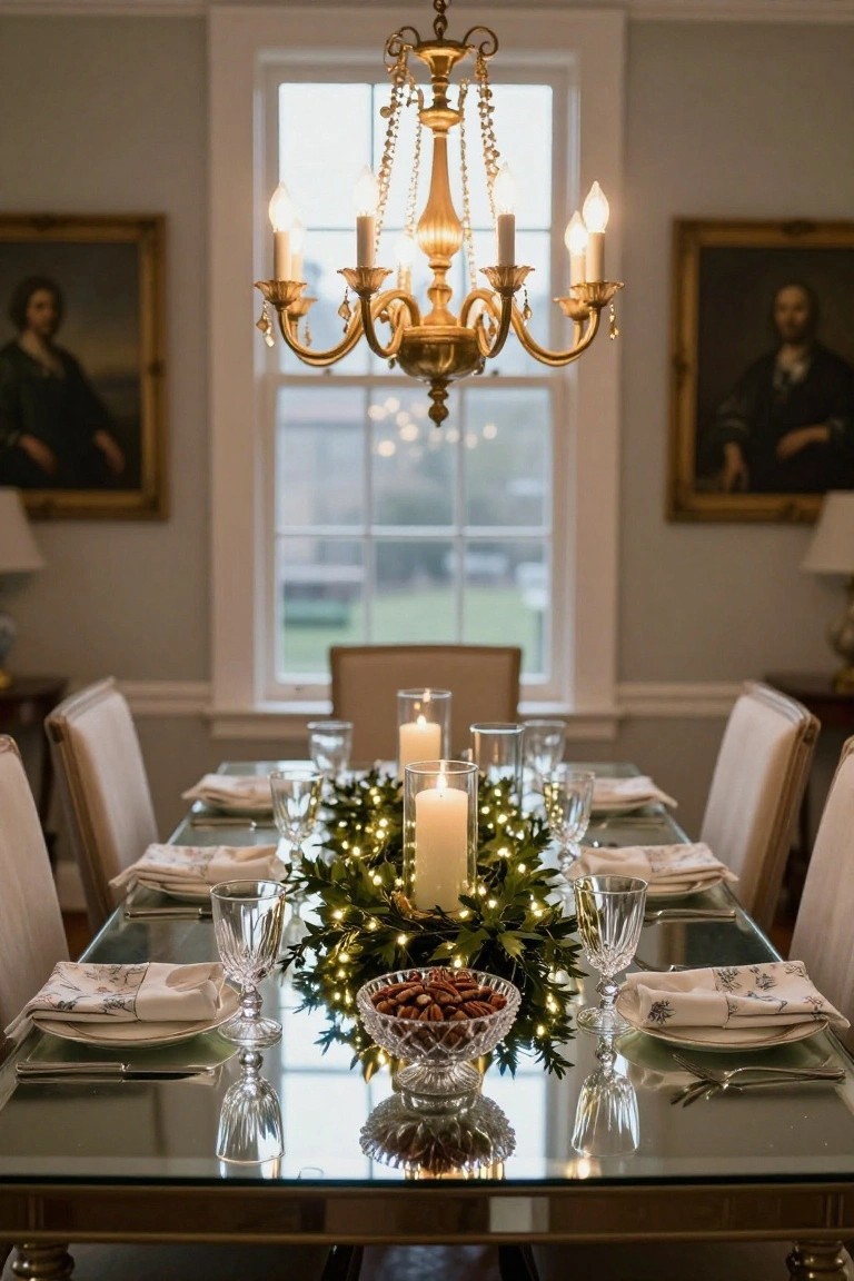 Formal dining room table with Christmas centerpiece of evergreen garland, pillar candles, fairy lights, and glass bowl of pecans, set with white linens, glassware, and plates under a gold chandelier.
