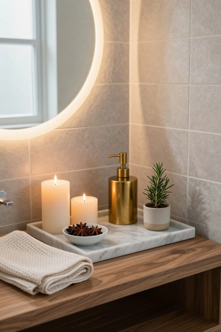 Bathroom vanity counter with wooden surface holding a white marble tray containing lit white pillar candles, star anise in a white bowl, gold pump dispenser, potted rosemary plant, and folded white towel nearby, round backlit mirror and tiled wall in background.