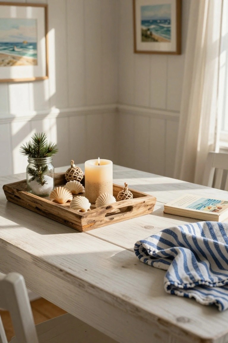 Wooden tray on white table holding beige pillar candle, seashells, pine sprig in jar with salt, woven ornaments, next to open book and blue striped towel in bright room with beach paintings and sheer curtains.