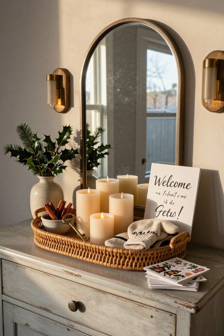 Woven rectangular tray on a whitewashed console table holding white pillar candles, cinnamon sticks in a small bowl, knitted socks, and a sign reading 