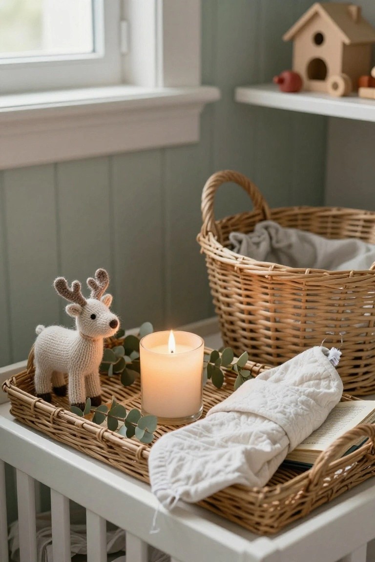 Wicker tray on a white table beside a crib holds a small knitted white reindeer, eucalyptus leaves, a lit white candle in a glass holder, folded white quilted cloth, and an open book in a light green nursery with wooden toys on shelves and a large wicker basket nearby.