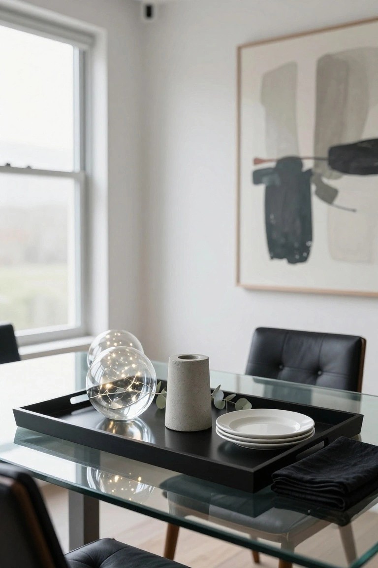 Black rectangular tray on a glass dining table displaying two glass spheres filled with fairy lights, a gray concrete cylinder vase with eucalyptus leaves, stacked white plates, and folded black napkin, surrounded by black leather chairs in a light-colored room with a large abstract artwork on the wall and a window.