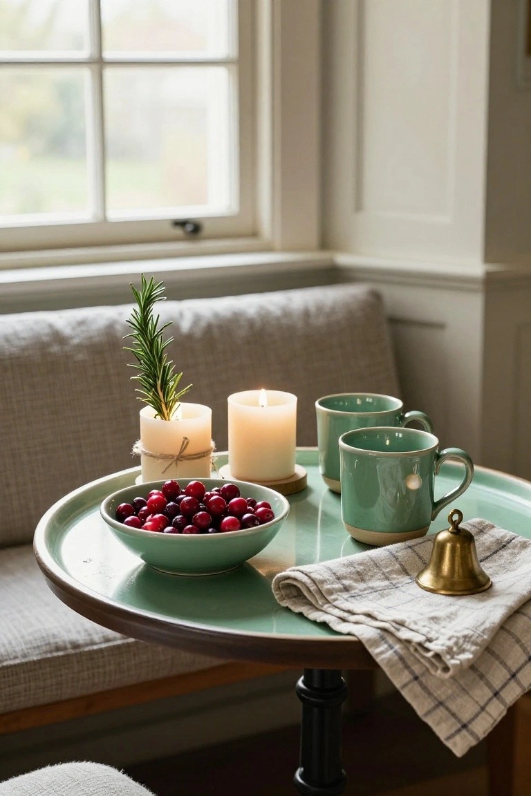 Green ceramic tray on a gray upholstered bench holding a bowl of red cranberries, two white pillar candles with rosemary sprigs, two green mugs, a brass bell, and a checkered linen napkin, beside a window in a light wood-paneled room.