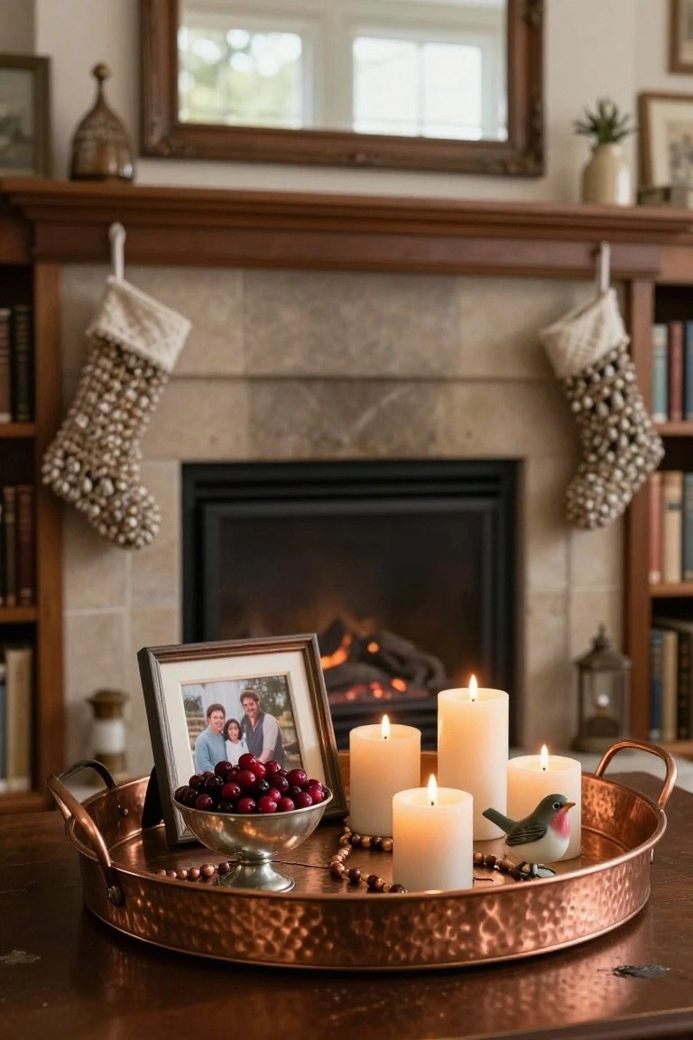 Hammered copper tray on wooden table in front of stone fireplace, holding white pillar candles, silver bowl of red cranberries, wooden bird figurine, beaded strands, and framed photo, with Christmas stockings on mantel and bookshelves nearby.