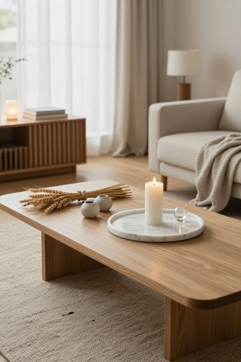 Wooden coffee table in a beige living room with sheer curtains and a light sofa, featuring a white marble tray holding a lit white pillar candle, two small gray ceramic pots, a glass orb, bundles of wheat stalks, and sticks.