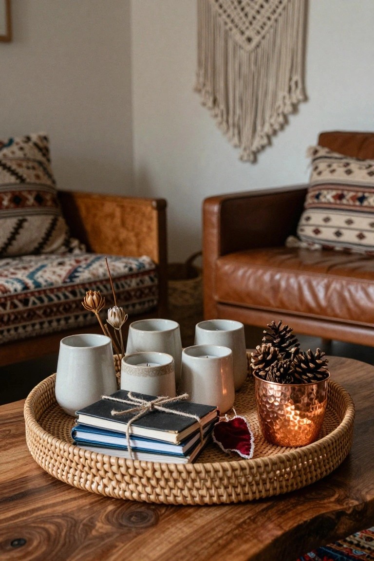 Round rattan tray on wooden coffee table holding white ceramic mugs and candle holders, stacked tied notebooks, dried flower stems, pinecones in copper cup, and red leaf, with tan leather armchair, patterned pillows, and macrame wall hanging in background.