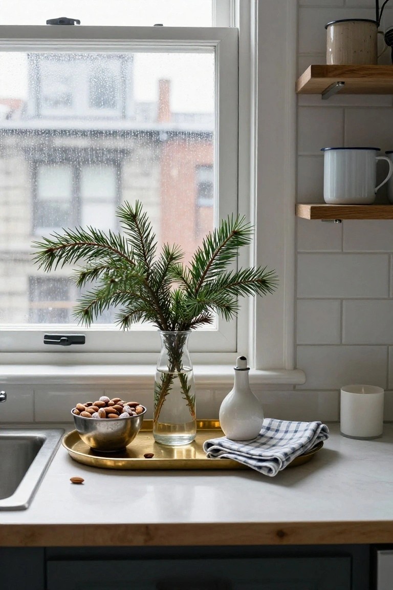Kitchen countertop with gold tray holding silver bowl of sugared almonds, glass vase of fir branches, white cruet, checkered cloth napkin, and white candle, beside sink and window overlooking rainy brick buildings.