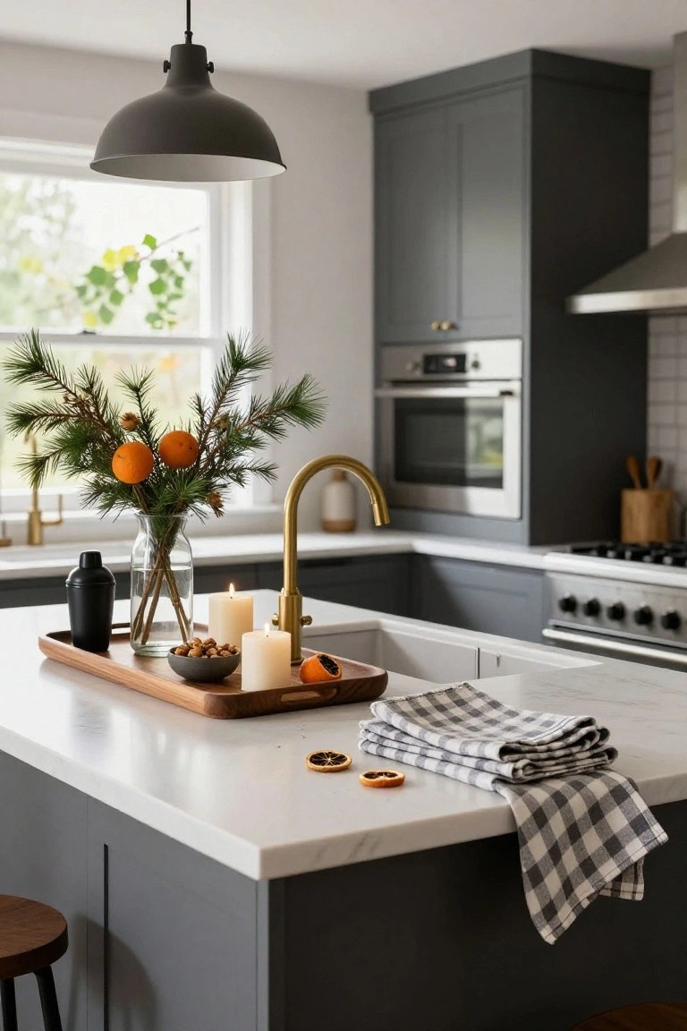 Kitchen island in a gray cabinet kitchen featuring a wooden tray with a glass vase of pine branches and oranges, white candles, a bowl of nuts, and a black shaker bottle.