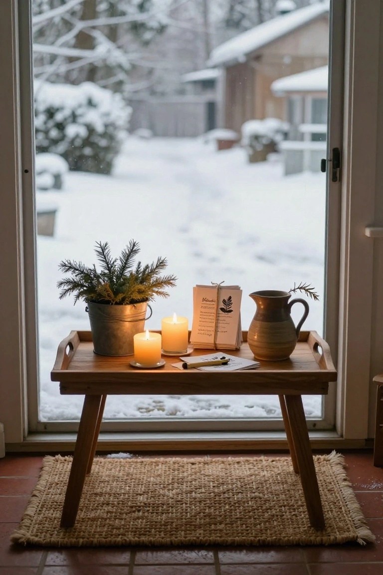 Wooden tray on a low table near a glass door holds two lit candles, a potted fir plant in a metal bucket, stacked papers with a pencil, and a ceramic pitcher with a herb sprig, with snowy yard visible through the door.