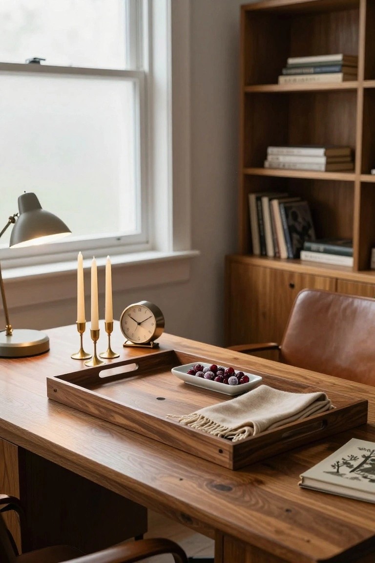 Wooden desk surface holding a rectangular wooden tray with a white dish of red berries and a folded cream napkin, brass candlesticks with white taper candles, a gold clock, and a desk lamp, with wooden bookshelves and a leather chair in the background.