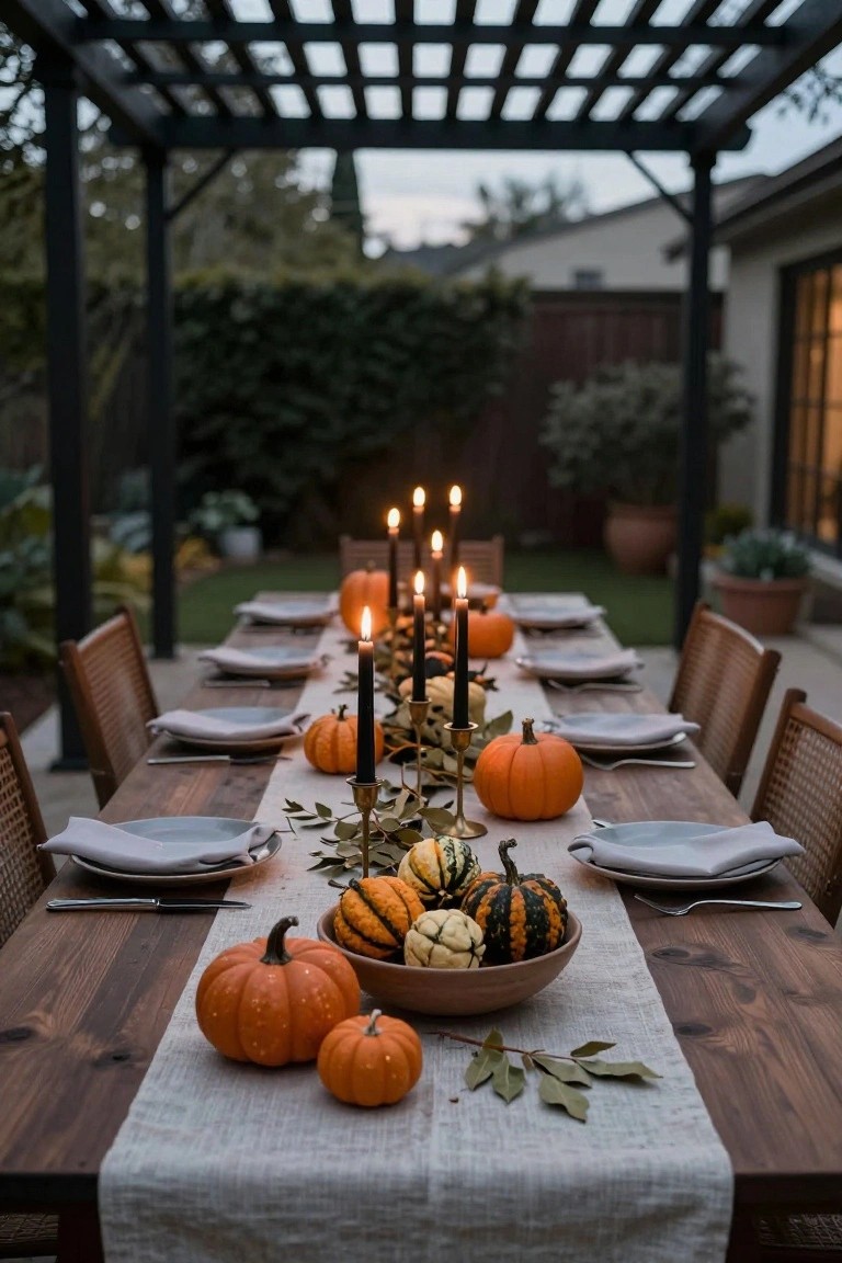 Wooden dining table on an outdoor patio under a black pergola, set for Halloween with black taper candles, assorted orange and bumpy pumpkins in a bowl, neutral linens and plates, garden plants and lawn in the background at evening.