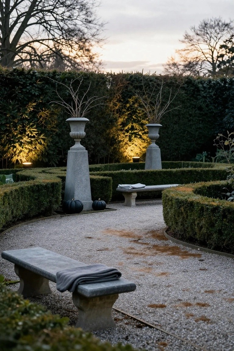Gravel garden path winding through trimmed boxwood hedges, flanked by tall stone pedestals topped with black pumpkins and stone benches with gray blankets draped over them, lit by ground lights at dusk.