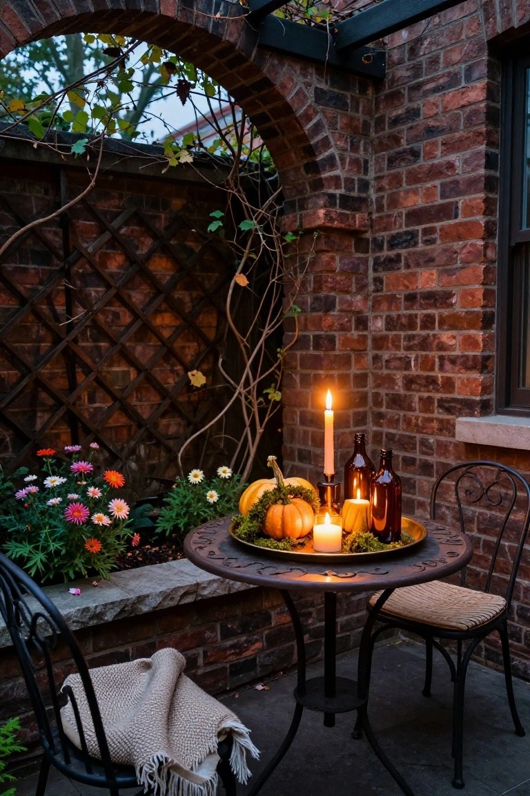 Brick courtyard with arched vine-covered entrance, small round metal table holding pumpkins, moss, candles, and brown glass bottles on a tray, two metal chairs with beige cushions and throw on one, potted flowers nearby.