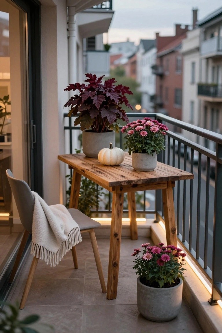 Balcony with wooden table holding a white pumpkin, surrounded by potted red-leafed plant, pink chrysanthemums in gray pots, gray chair draped with white throw blanket, glass door, and city view at dusk.