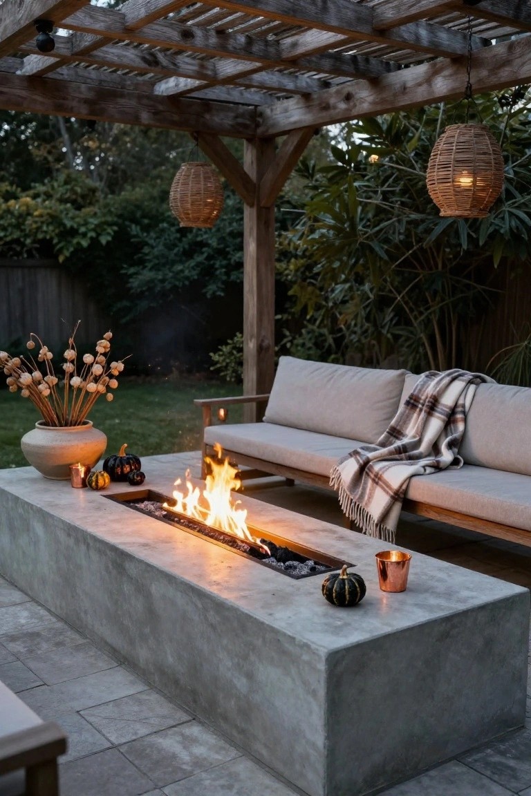 Outdoor patio under wooden pergola with concrete fire pit table lit with flames, small pumpkins and copper mugs on table, beige sofa with plaid blanket, potted dried branches, hanging basket lanterns, and garden surroundings.