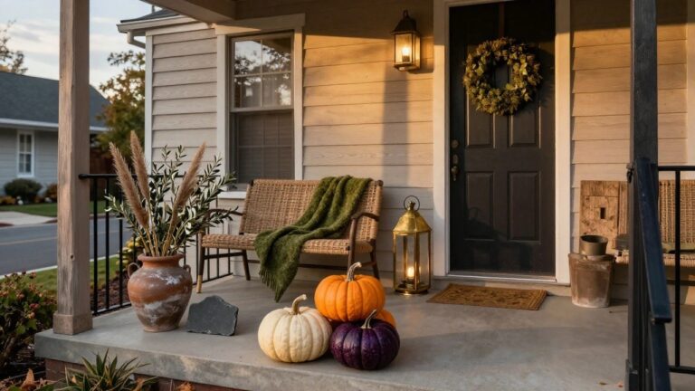 Front porch of a white house with black door, lit lantern, green wreath on door, stack of white orange and purple pumpkins, potted plants with greenery, and metal railing.