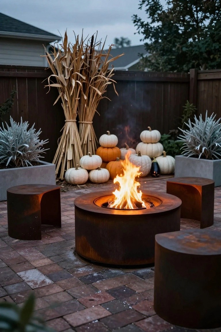 Backyard patio on brick pavers with a central round corten steel fire pit, flanked by metal stools, tall bundled corn stalks, white and orange pumpkins, and potted silver-leaf plants.