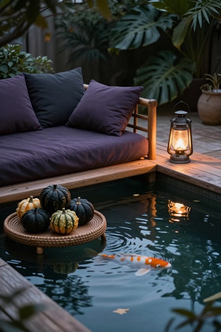 Wooden deck area with purple daybed cushions, lit lantern beside a dark rectangular pool holding a koi fish and woven tray of assorted pumpkins floating on surface, surrounded by potted plants and greenery.
