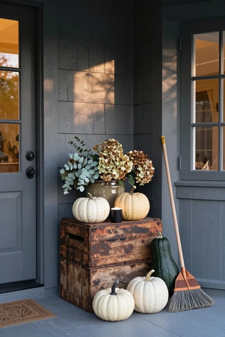 Front porch of a gray house with stacked wooden crates holding white pumpkins and a green gourd, potted dried hydrangeas and eucalyptus next to the door, and a broom leaning on the crates.