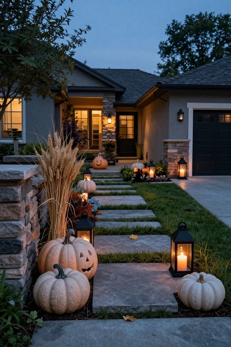 Stone pathway leading to a modern gray house at dusk, lined with black lanterns, white carved pumpkins, wheat stalks, and additional pumpkins and plants.
