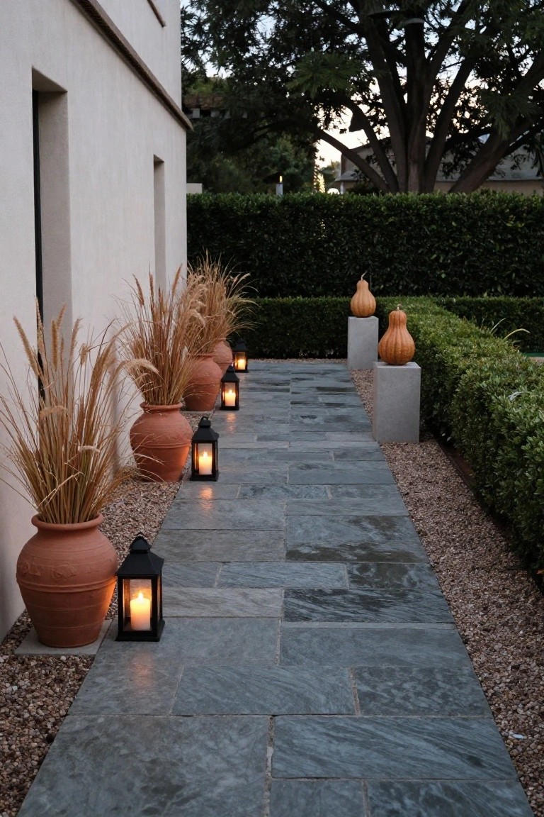 Gray slate tile pathway bordered by terracotta pots of tall pampas grass, black lanterns with lit candles, and white pumpkins on square concrete pedestals, with gravel and boxwood hedges next to a beige stucco wall.