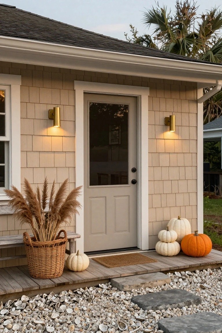 Beige shingle house exterior with light gray front door flanked by gold wall sconces, pampas grass in woven basket beside wooden bench on porch, white and orange pumpkins on steps, doormat, and oyster shell gravel path.