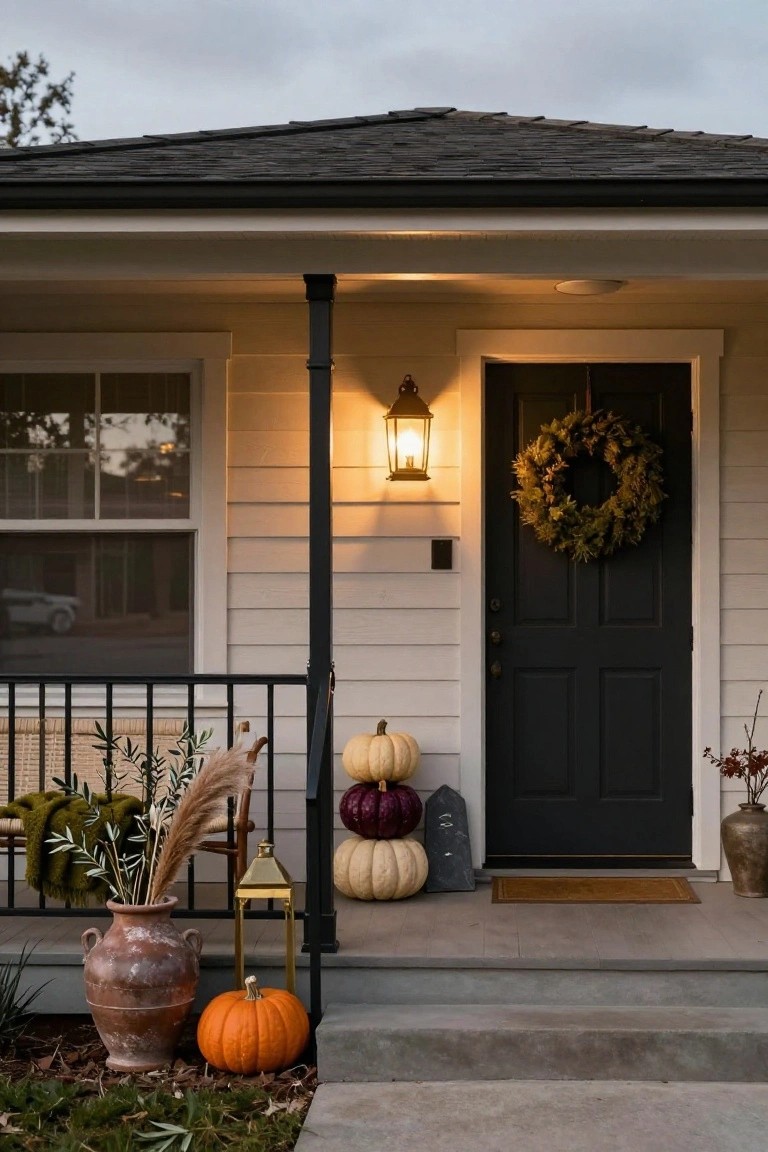 Front porch of a white house with black door, lit lantern, green wreath on door, stack of white orange and purple pumpkins, potted plants with greenery, and metal railing.