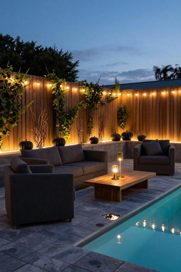 Poolside outdoor seating area at dusk with gray sofas and armchair around a wooden coffee table, vine-covered wooden fence strung with warm lights, black pumpkins on ledges, and lit lamps on the table.