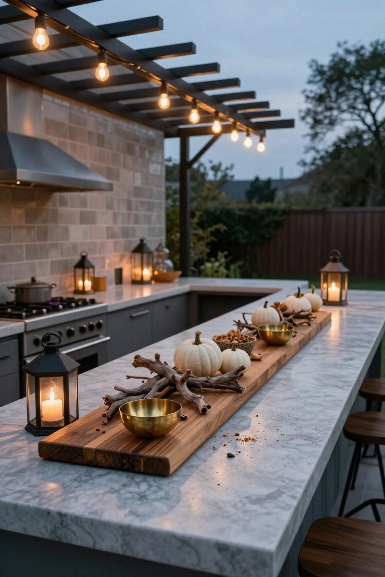Outdoor kitchen island topped with a long wooden board holding white pumpkins, driftwood branches, brass bowls, nuts, and lanterns, with string lights overhead at dusk.