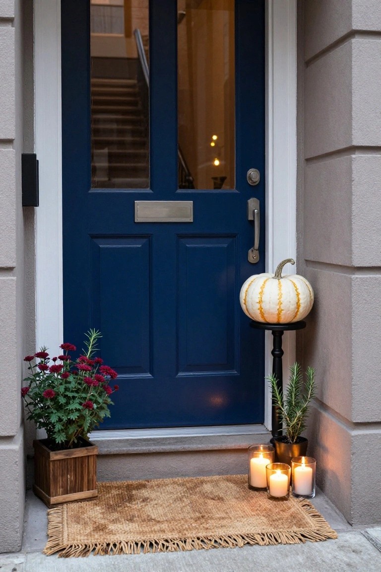 Blue door with pumpkin, candles, flowers, and doormat on step.