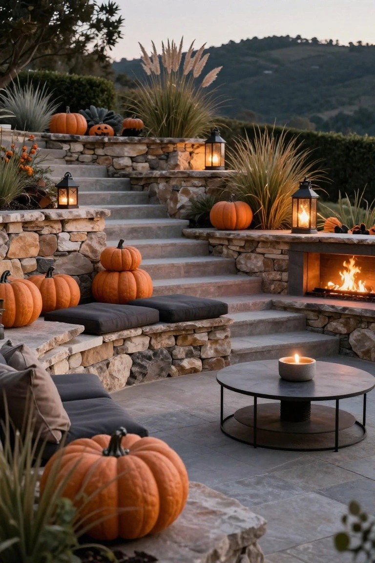 Terraced stone steps and patio area with stacked orange pumpkins, black cushions on stone benches around a built-in linear fire pit, lit lanterns, pampas grass, and plants on a hillside at dusk.
