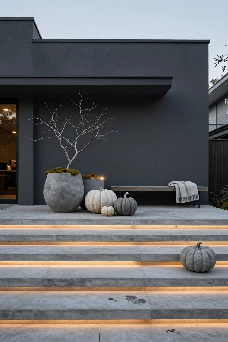 Modern dark gray house exterior with tiered concrete steps featuring LED strip lighting underneath, several white pumpkins placed on the steps and patio area, large concrete planter holding a moss-covered tree branch, wooden bench with gray fringed blanket.