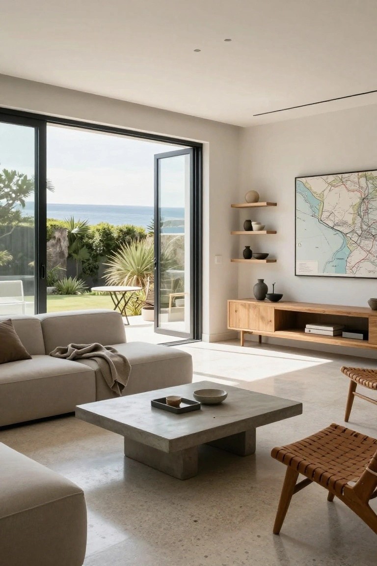 Modern coastal living room with beige modular sofa, concrete coffee table, wooden credenza with ceramics, floating wood shelves, large open black-framed folding glass doors to lush garden and ocean view, white walls, light terrazzo floor.