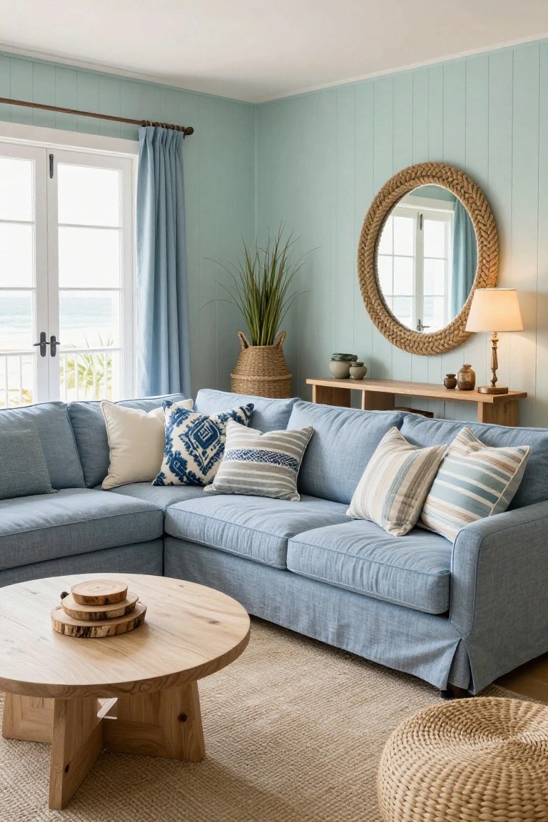 Coastal living room with blue sectional sofa, woven mirror, and round wood coffee table.