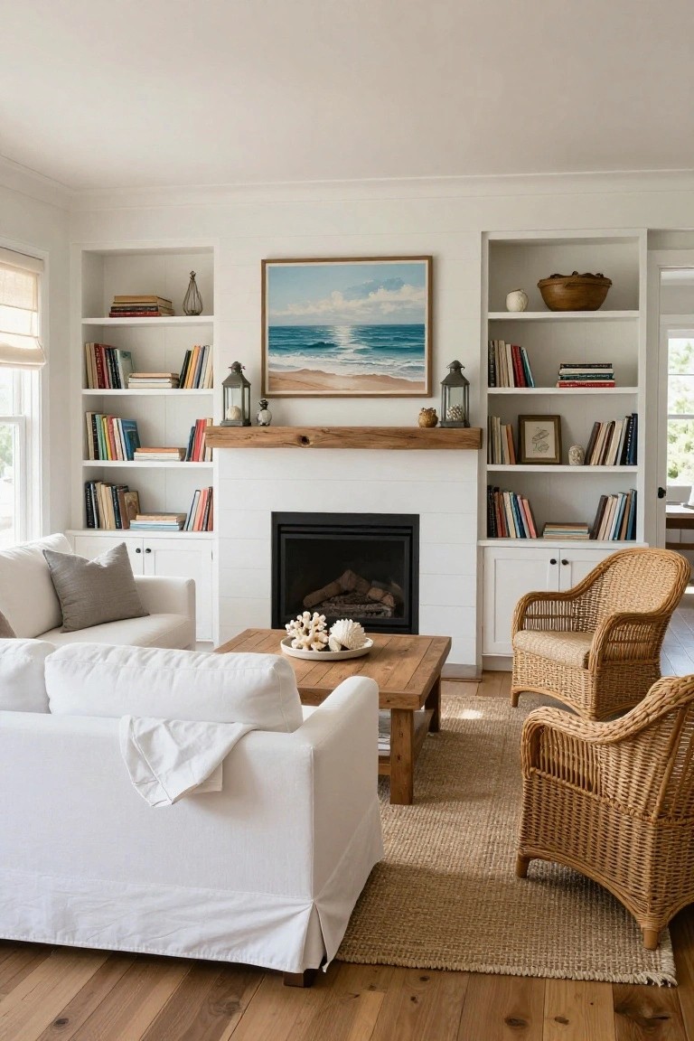 A coastal-style living room with white built-in bookshelves flanking a fireplace topped by a wood mantel, a white sofa on a seagrass rug, rattan chairs, and books and decor on the shelves.