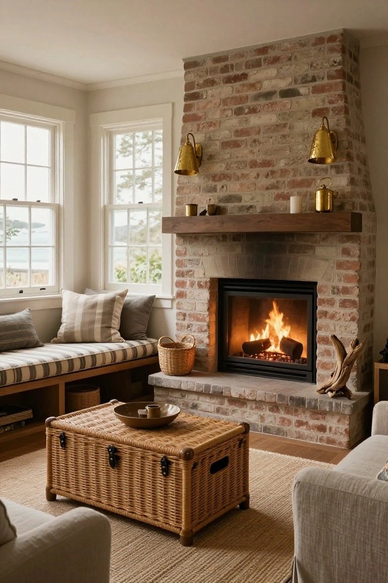 Living room interior with tall exposed brick fireplace, wooden mantel shelf, built-in window seat with cushions, wicker trunk coffee table, neutral sofa and pillows, and large windows showing a water view.