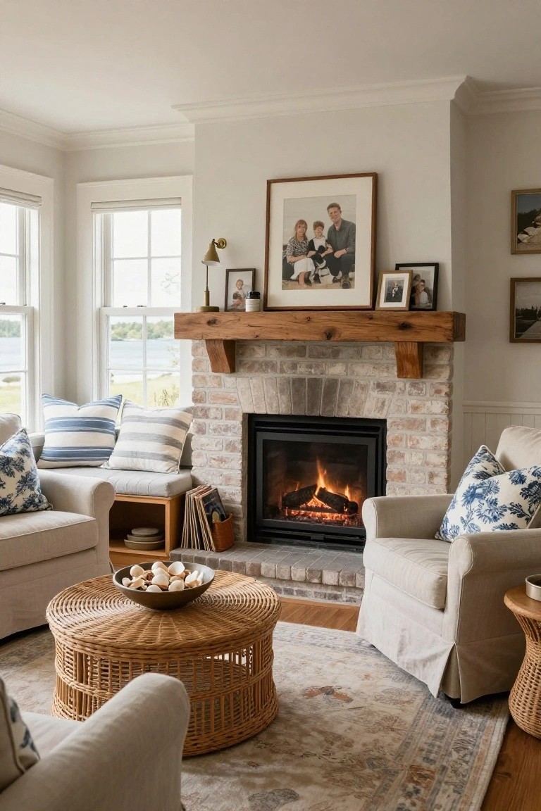 Living room with beige brick fireplace under wooden beam mantel, cream sofas and chairs with blue and white pillows, rattan coffee table holding seashells, wood floors, and large windows showing lake view.