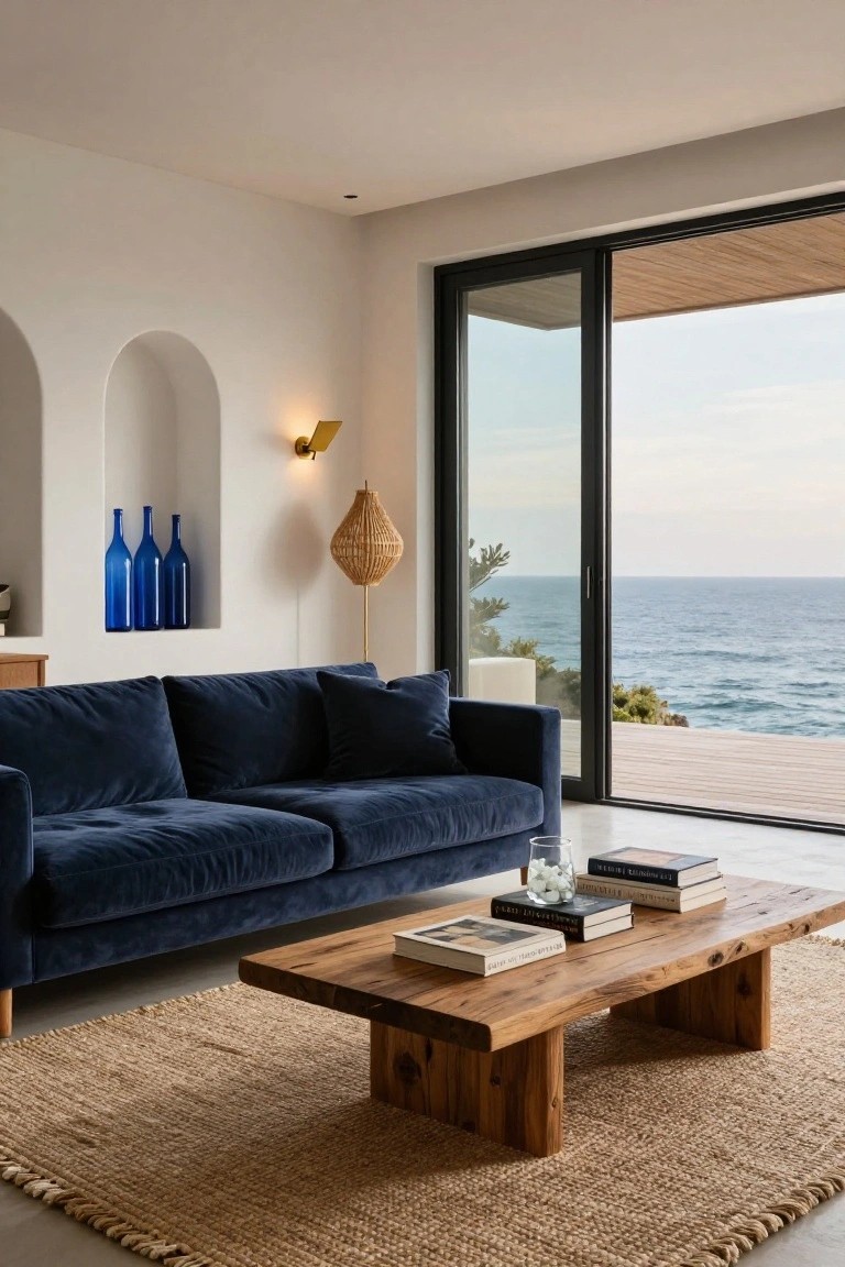 Modern coastal living room featuring a navy velvet sofa, low wooden coffee table with books on a jute rug, blue glass bottles in white arched wall niches, rattan floor lamp, and large black-framed sliding glass doors opening to a wooden deck and ocean view.
