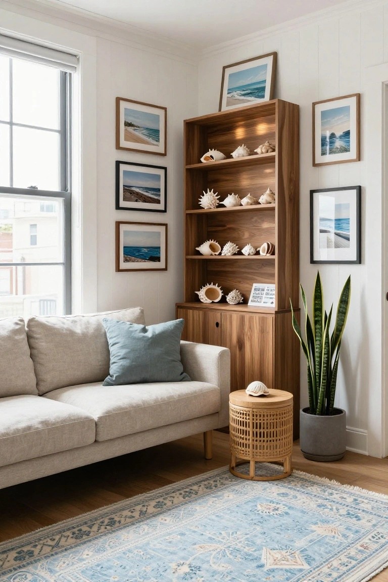Coastal living room with beige sofa, wooden bookshelf, seashells, and blue rug.