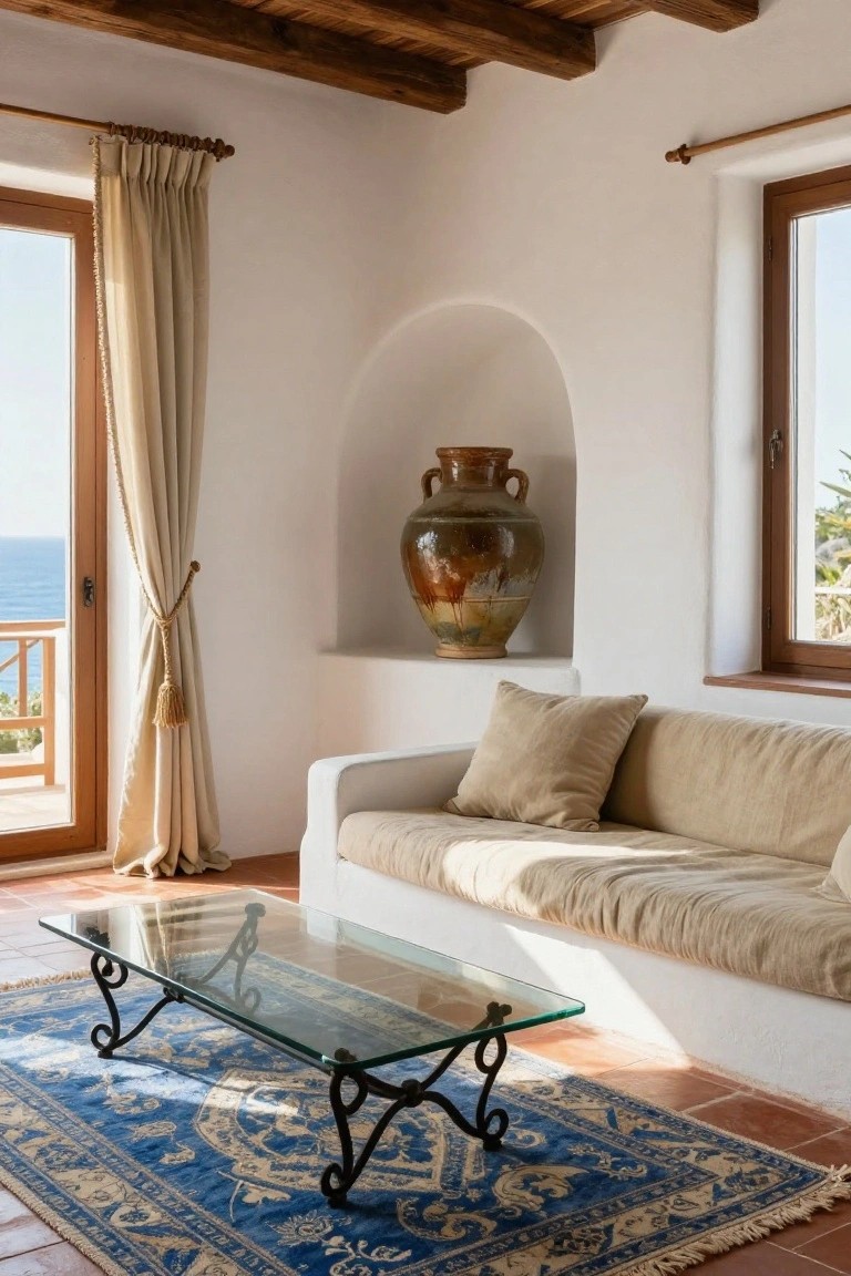 A sunlit coastal living room with exposed dark wooden ceiling beams, white stucco walls, an arched niche displaying a large terracotta vase, low beige linen sofa with pillows, wrought-iron and glass coffee table on a blue patterned rug, terracotta tile floor, and open wooden doors to ocean view.