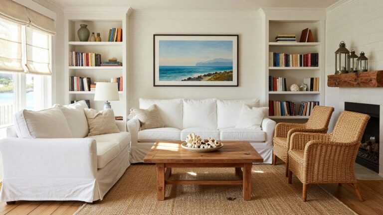 18 Coastal Living Room Decor Ideas A coastal-style living room with white built-in bookshelves flanking a fireplace topped by a wood mantel, a white sofa on a seagrass rug, rattan chairs, and books and decor on the shelves.