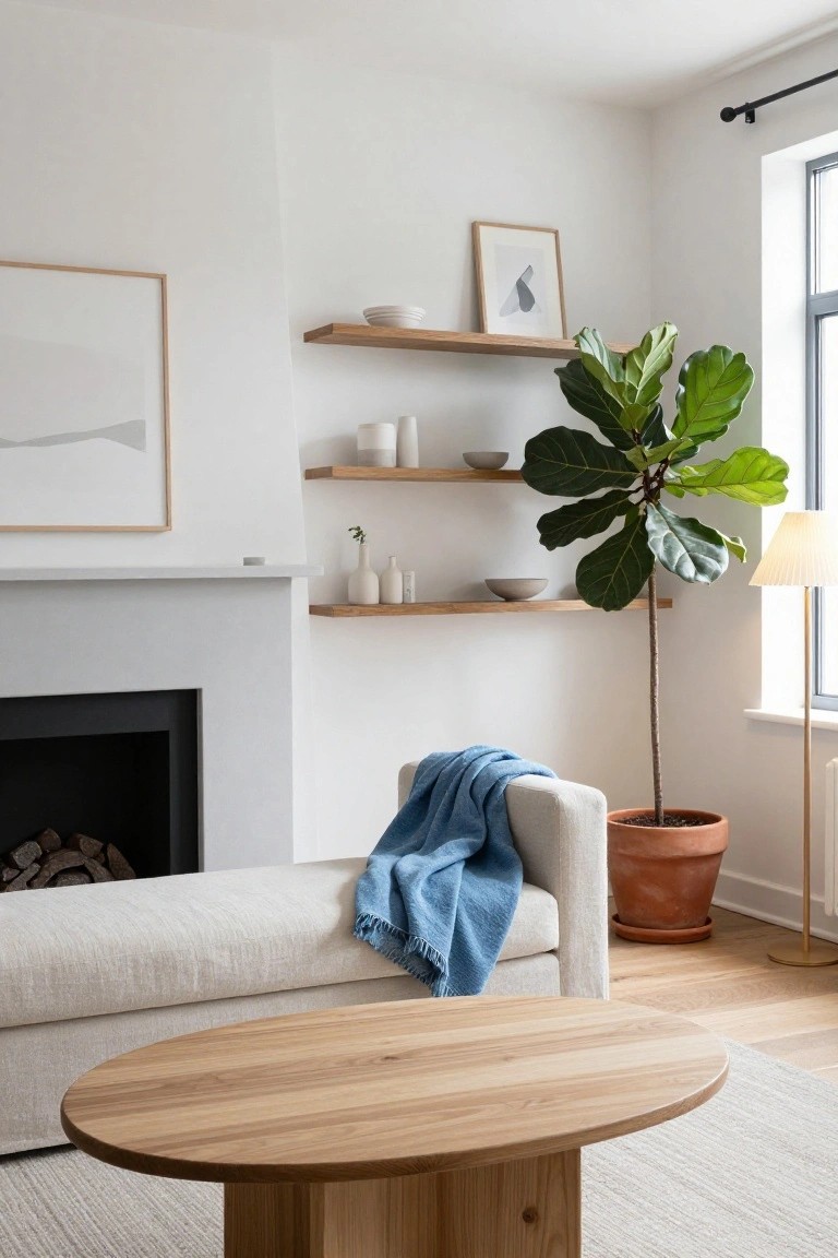 A minimalist living room corner with three floating oak shelves displaying white ceramics, small plants, and vases, next to a large potted fiddle leaf fig tree, a cream daybed draped with a blue throw blanket, an oval wooden coffee table, and a white fireplace with logs inside.