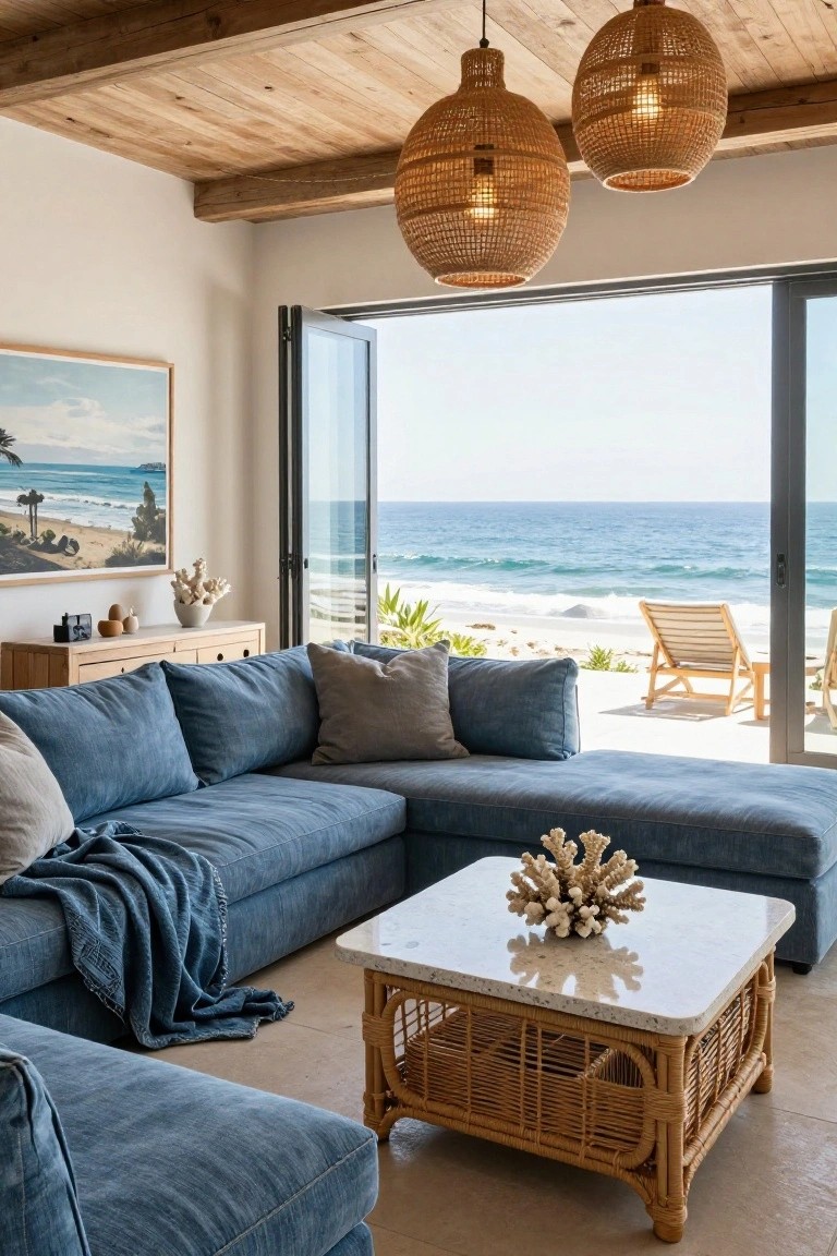 Coastal living room featuring a blue L-shaped sofa, rattan coffee table with coral decor, wooden sideboard, and folding glass doors open to a terrace with ocean view and lounge chairs.