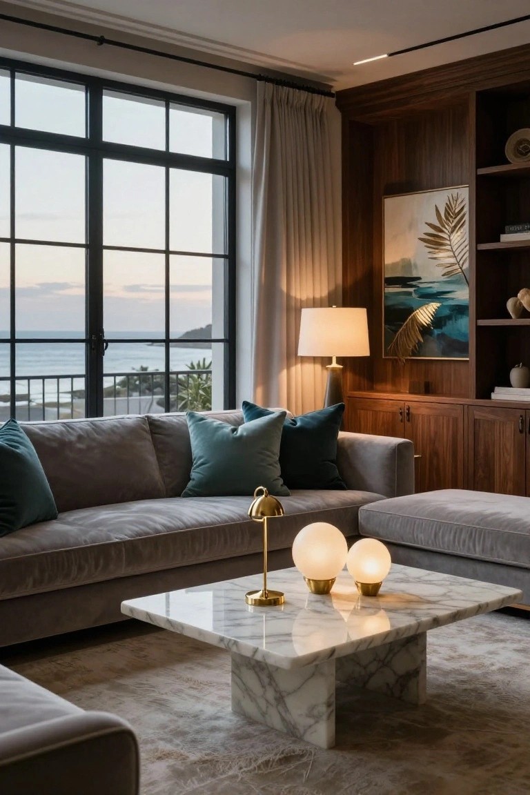 Modern living room featuring gray velvet sofas with teal pillows, a rectangular white marble coffee table holding three gold-based orb lamps, wood-paneled walls and cabinetry, and large black-framed windows showing a sunset ocean view.