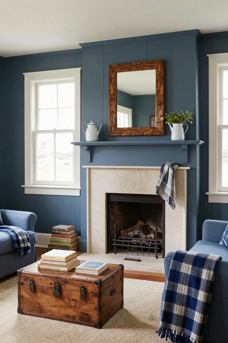 A cozy living room with navy blue vertical paneled walls, white-trimmed windows, a wooden-framed mirror and white pitchers on a mantel above a stone fireplace, blue armchairs draped with plaid blankets, and a wooden trunk coffee table stacked with books on a light rug.